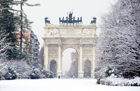 Peace Arch covered with snow in Milan, Italy