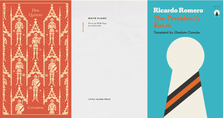 Covers courtesy of Penguin Random House, Little Island Press and Charco Press