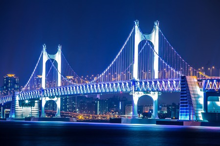 Gwangan Bridge lit up at night in Busan, South Korea 
