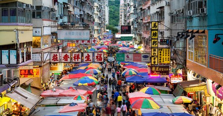 Busy street market at Fa Yuen Street in Mong Kok area of Kowloon, Hong Kong