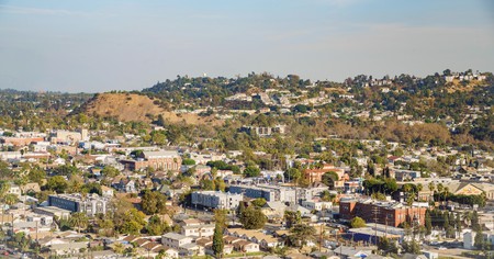 Aerial view of the cityscape of Highland Park, Los Angeles, California, USA.