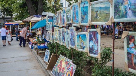 Art for sale at a flea market in centre of Chisinau, Moldova