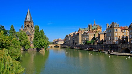 The Moselle River and Temple Neuf in Metz