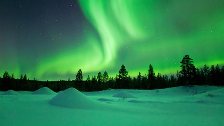 The Northern Lights dance overhead in the snowy winter in Finnish Lapland