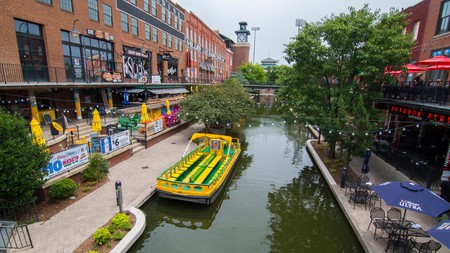 Oklahoma City Oklahoma OKC Bricktown Canal with boats and restaurants downtown