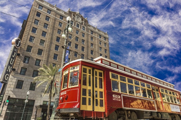 A New Orleans streetcar outside the Jung Hotel and Residences.