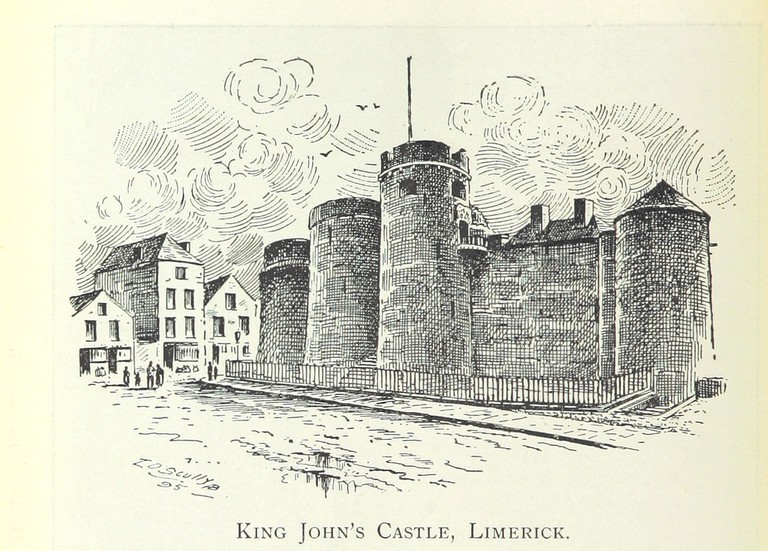 A historic drawing of King John's Castle, Limerick, taken from an Irish history text