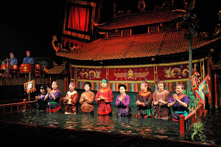 Puppeteers in the Thang Long Water Puppet Theatre, Hanoi, North Vietnam, Vietnam, Southeast Asia, Asia