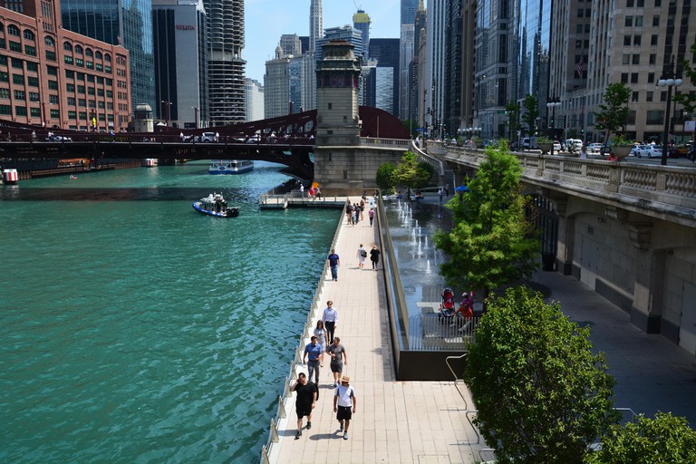 Looking down onto the Riverwalk in downtown Chicago on a warm summer day.
