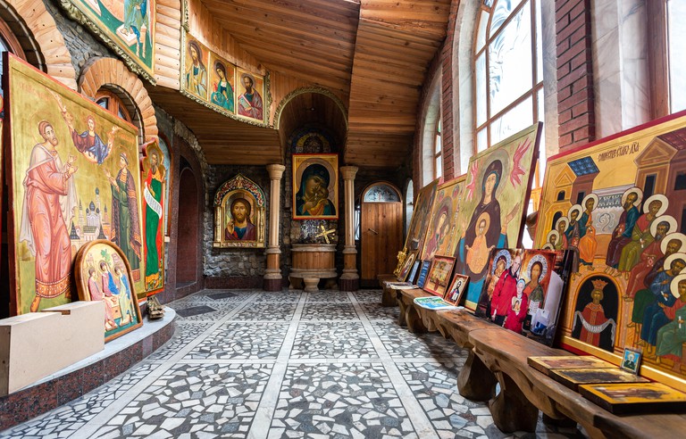 Kazan, Russia - June 11, 2018: Hall with christian orthodox icons in the Temple of All Religions