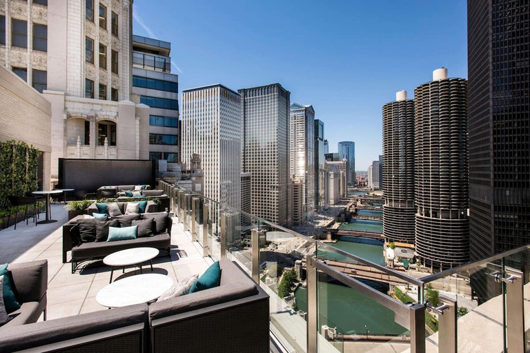 The Tri Level Rooftop Bar with river views at the LondonHouse Chicago