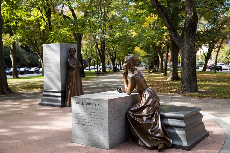 Statue of Phillis Wheatley, sold as a slave, is part of Boston Women's Memorial in Commonwealth Avenue Mall