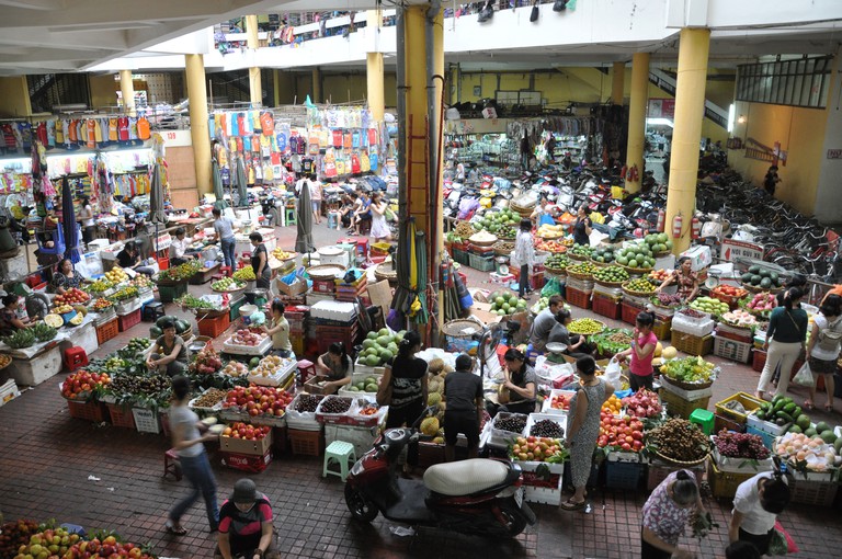 View of Hom Market (Cho Hom) in Pho Hue, Hanoi, Vietnam.