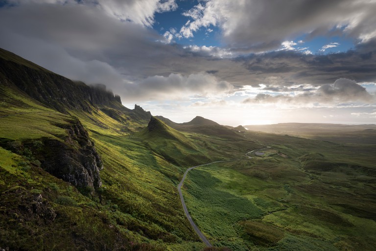 Morning light in the Quiraing rocky landscape, Isle of Skye, Scotland, United Kingdom