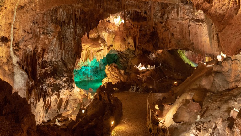 Mira de Aire, Portugal, April 2018: Interior view to Grutas Mira de Aire cave in Portugal