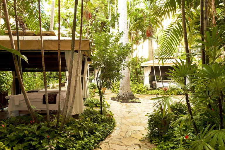 The spa at the Royal Hawaiian, set within tropical gardens with many plants, trees, a pathway and shaded treatment areas