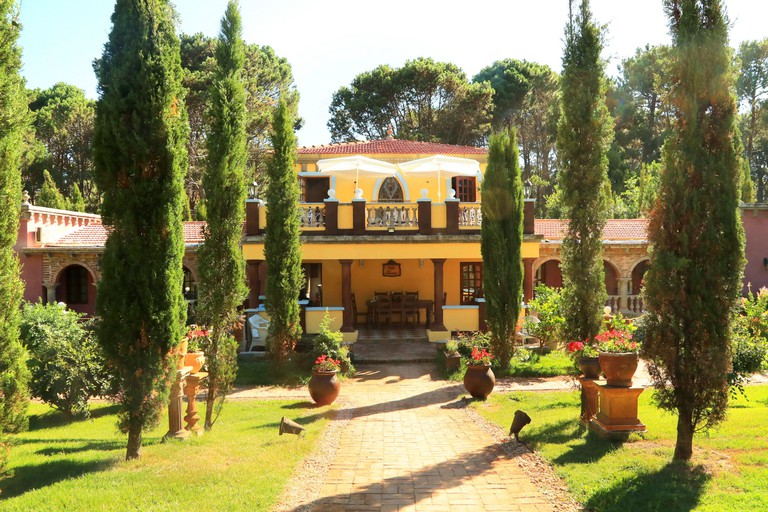 Yellow Tuscan-style Villa Toscana Boutique Hotel with front garden dotted with Italian cypress trees and potted flowers