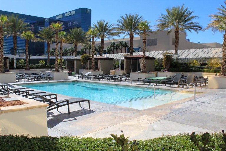 The MGM Grand hotel can be seen in the background from this pool area fringed by palm trees.