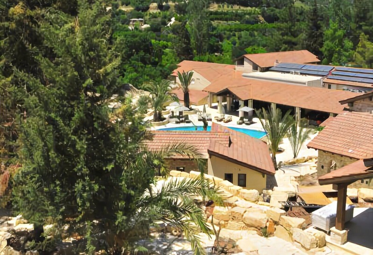 Aerial view of the Ayii Anargyri Natural Healing Spa Resort set amid the natural landscape in Paphos, Cyprus