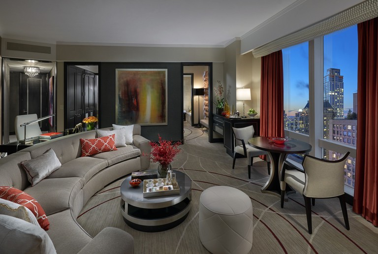 A luxurious living space with city views at the Mandarin Oriental, New York