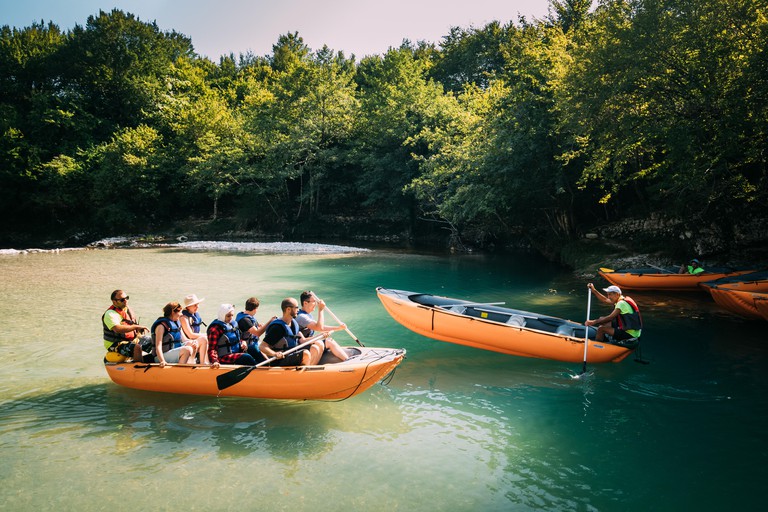Martvili Canyon, Georgia -  September 14, 2017: Tourists People Rafting In Rubber Boats During Visit Natural Monument And Landmark Martvili Canyon. Na