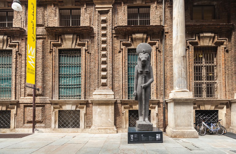 The statue at the entrance to the Egyptian Museum. Turin. Image shot 11/2016. Exact date unknown.