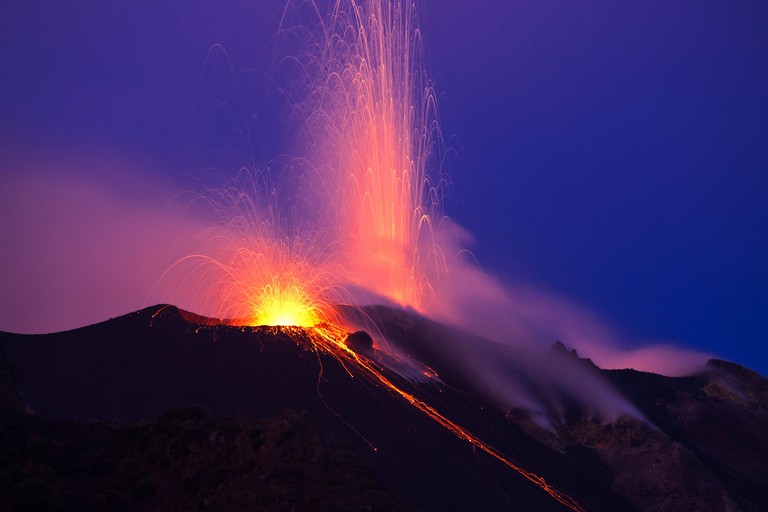 Lava eruption on the volcanic island of Stromboli in Sicily, Italy.. Image shot 09/2012. Exact date unknown.