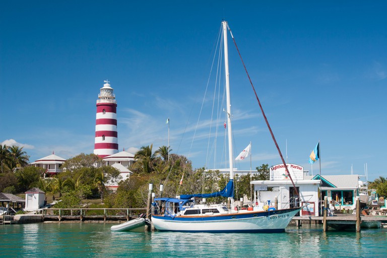 The lighthouse and marina at Hope Town, Abaco, Bahamas