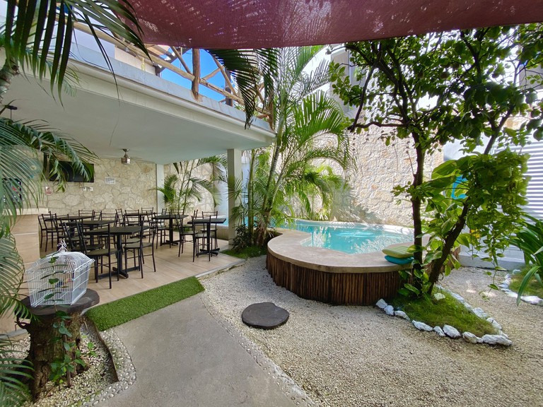 The intimate pool area and bar and dining patio at Pacha Tulum Boutique Hotel with pale stone walls and abundant greenery