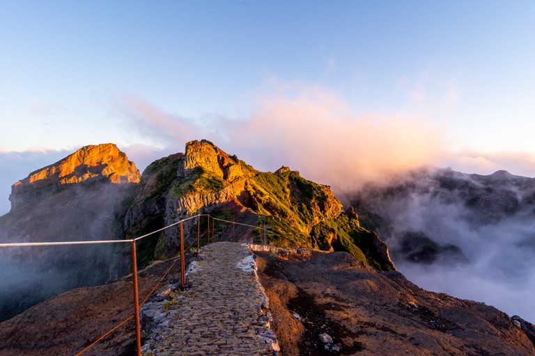 Starting pathway to Pico Ruivo peak at golden hour, Madeira, Portugal.