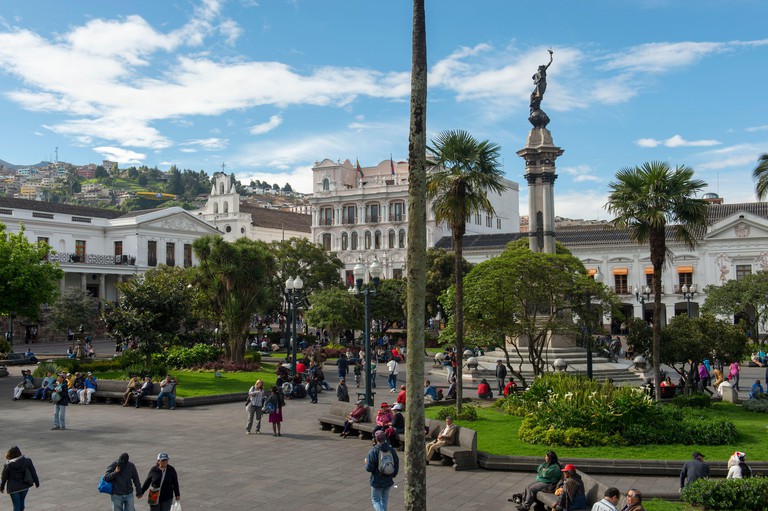 In the heart of Colonial Quito is the Main Square: Plaza Grande or Plaza de la Independencia in the city of Quito, Ecuador.
