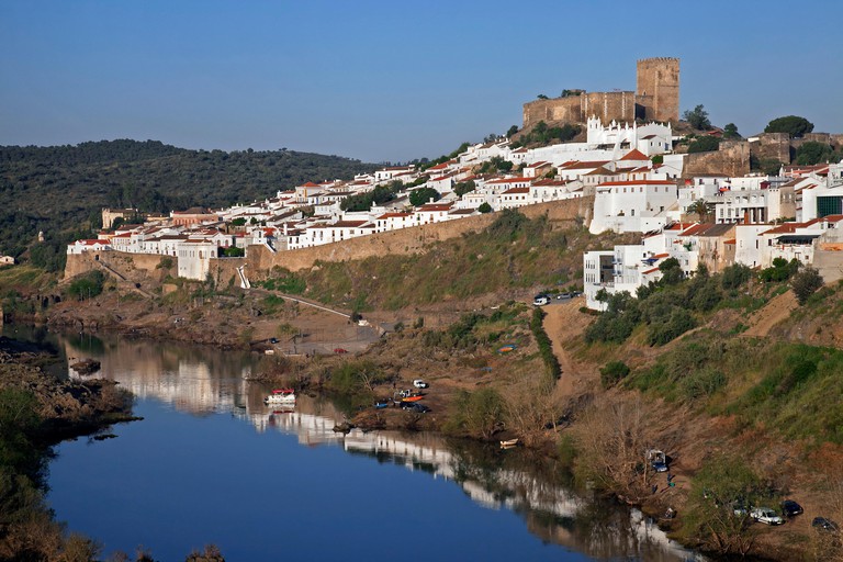 View over the town Mertola and its mediaeval castle along the Guadiana River, Beja District, Alentejo, Portugal