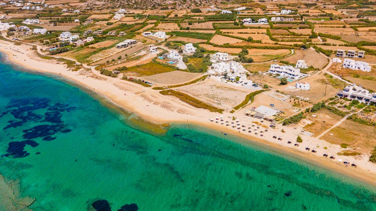 An aerial view of the sandy Plaka beach on Naxos in the Cyclades, Greece