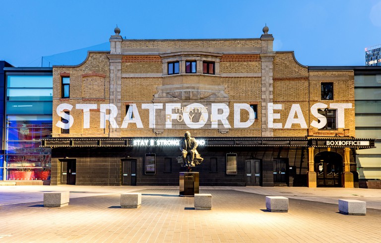 Exterior of Stratford East Theatre Royal Stratford at Night London UK