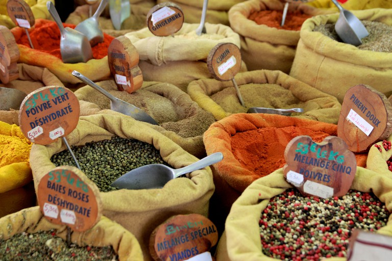Sale of spices on the market of Ajaccio in Corsica, France