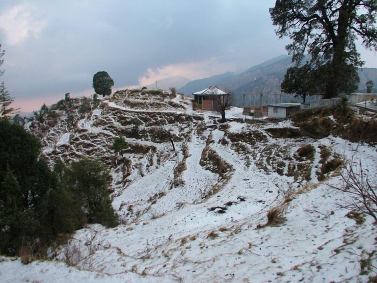 The hilltop grounds of the Kampland Nainital covered in a dusting of snow