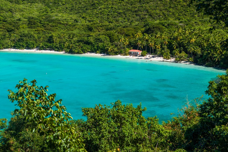 U.S. Virgin Islands, St. John. Maho Bay, elevated bay view