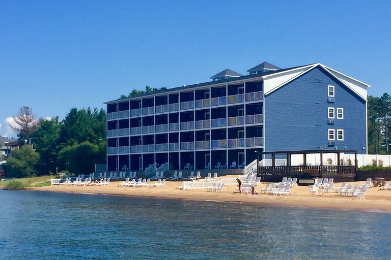 The modern exterior of the Baywatch Resort