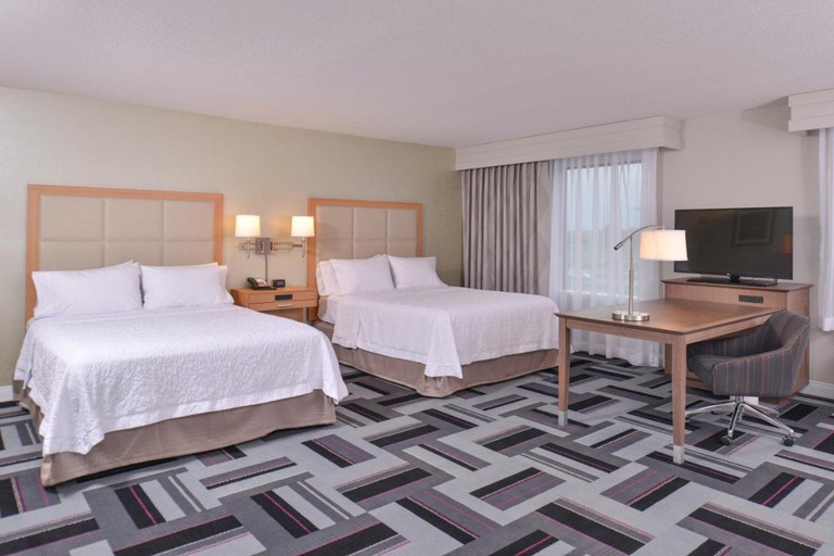 A soothing two-bed guest room at Hampton Inn and Suites Ames with pattern floor and flatscreen