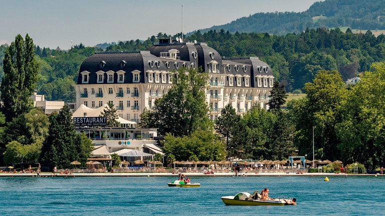An overview of the lake and and the Imperial Palace Casino and Hotel, Annecy, France