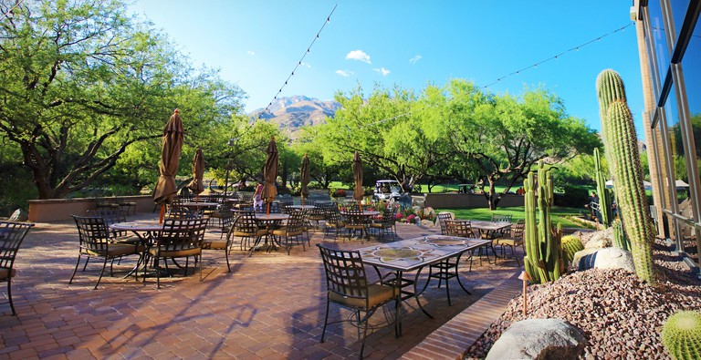 Terrace with cacti and mountains views at The Lodge at Ventana Canyon
