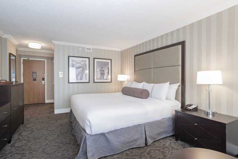 A contemporary guest room with one king-size bed, striped wallpaper, dark furniture and black-and-white photos at the Sandman Signature Edmonton Downtown Hotel