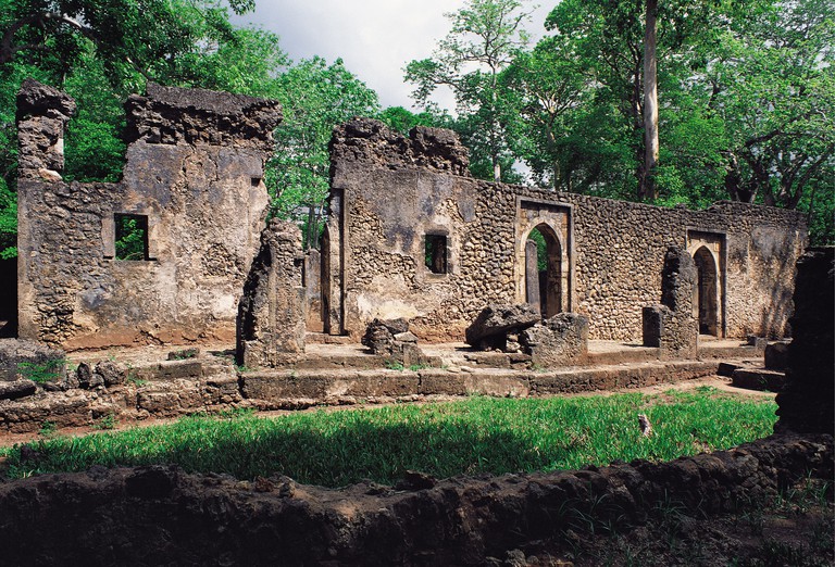 The ruined wall of the palace at the ancient Gedi Ruins in Gedi, Kenya