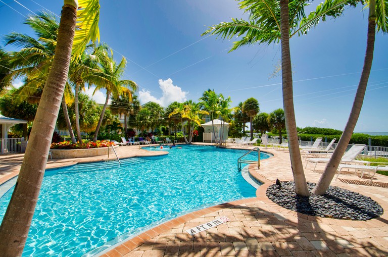 Large pool area with palm trees at Angler's Reef Resort by KeysCaribbean on Islamorada