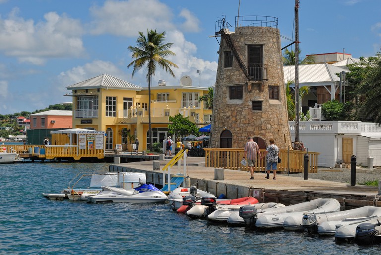 Boardwalk with Wedding Tower at the harbor of Christiansted, St. Croix island, U.S. Virgin Islands, United States