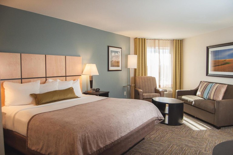 Double bed, sofa and armchair in room with three lamps and an ovular table at Candlewood Suites Fort Collins