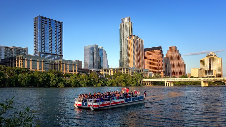 Austin, Texas Skyline and Tour Boat on Colorado River