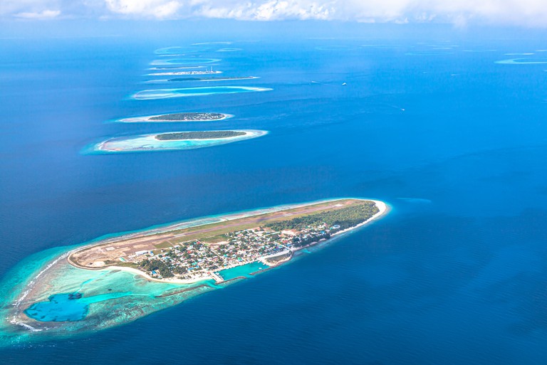 Aerial view of Baa Atoll islands in the Maldives