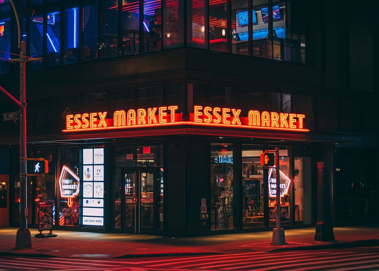 Essex Market neon sign at night, in the Lower East Side, Manhattan, New York City