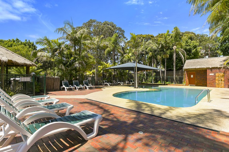 The lagoon-style pool with loungers surrounded by lush palm trees at Kaloha Holiday Resort Phillip Island